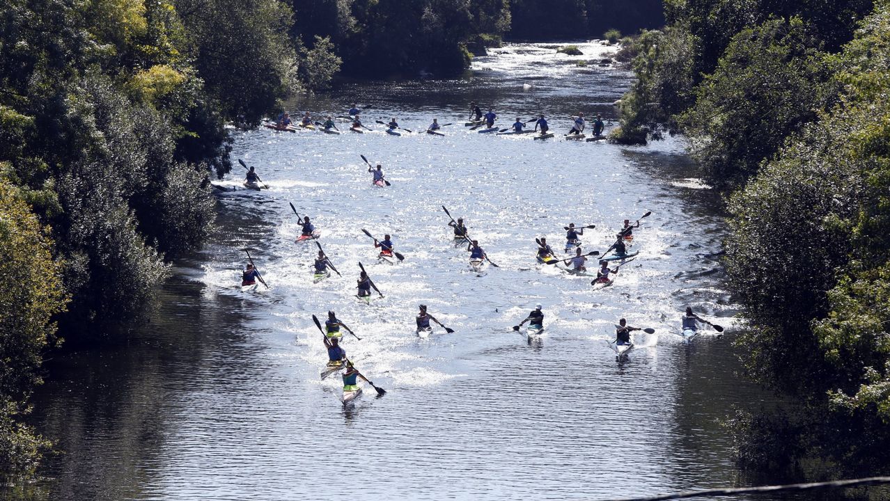 Un grupo practicando piragüismo en un río rodeado de vegetación
